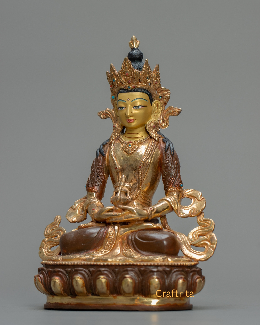 Amitayus Buddha Statue 1.2kg – Handmade Copper Body, 24K Gold Plating, Fire Gilded & Acrylic Painted Tibetan Buddhist Deity for Spiritual Home Decor