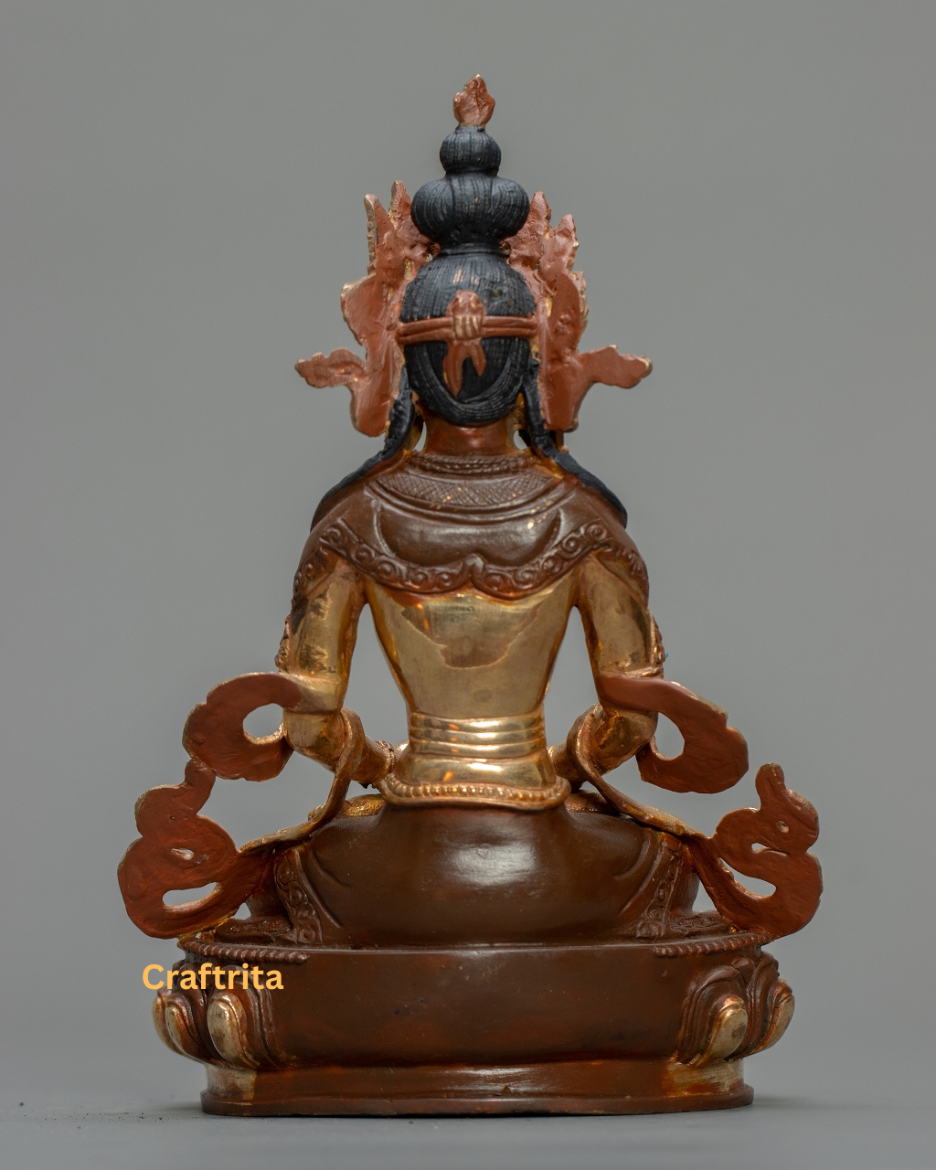 Amitayus Buddha Statue 1.2kg – Handmade Copper Body, 24K Gold Plating, Fire Gilded & Acrylic Painted Tibetan Buddhist Deity for Spiritual Home Decor