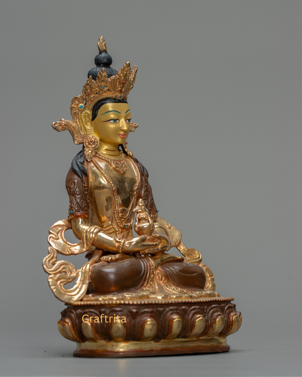 Amitayus Buddha Statue 1.2kg – Handmade Copper Body, 24K Gold Plating, Fire Gilded & Acrylic Painted Tibetan Buddhist Deity for Spiritual Home Decor