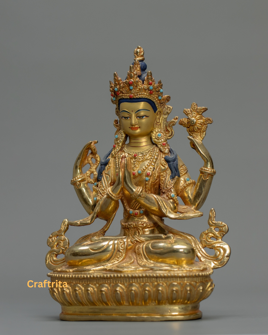 Chenrezig (Avalokiteshvara) Statue 1.4kg – Handmade in Nepal | Copper with 24K Gold Plating & Fire Gilding | Tibetan Buddhist Art & Spiritual Home Decor