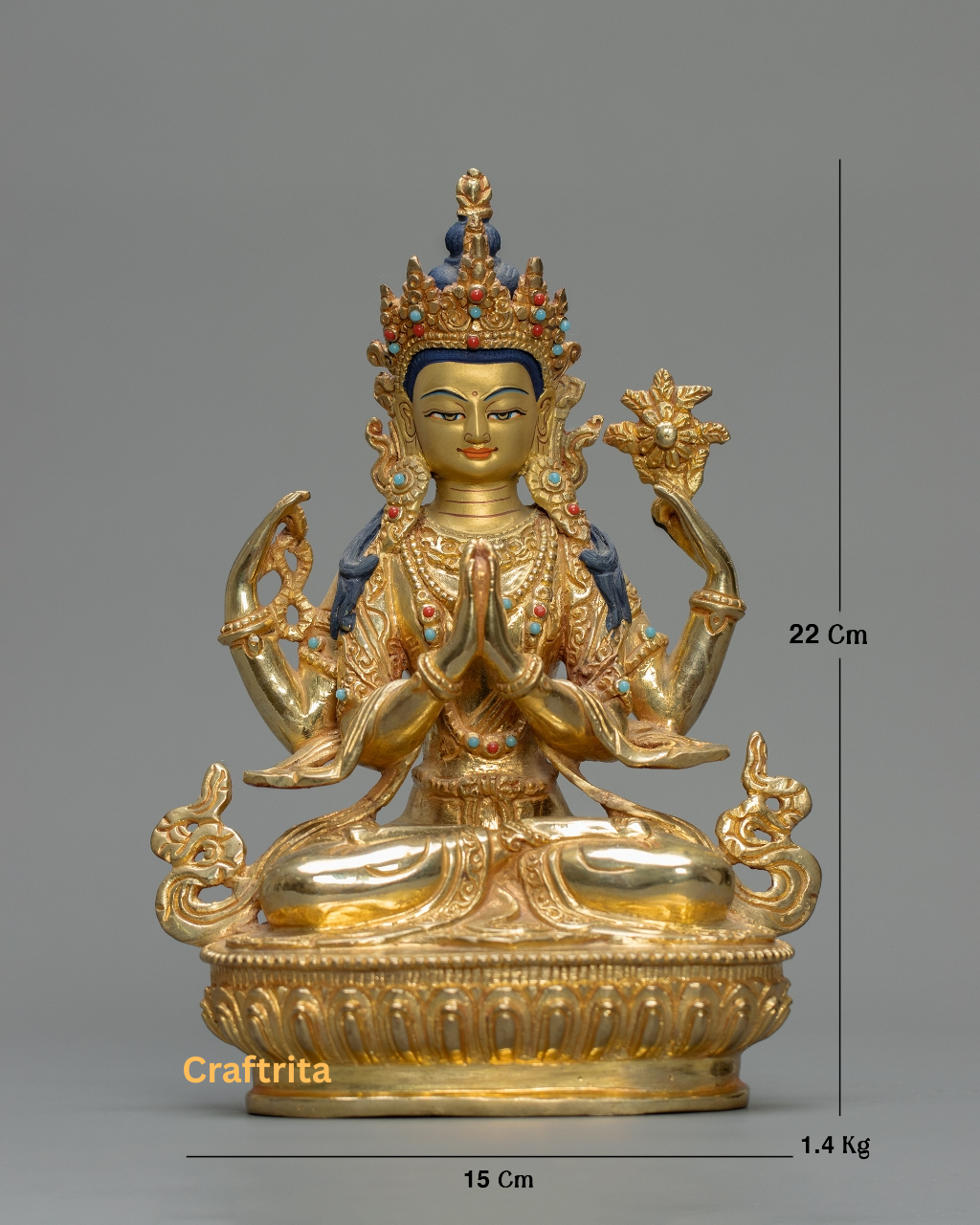Chenrezig (Avalokiteshvara) Statue 1.4kg – Handmade in Nepal | Copper with 24K Gold Plating & Fire Gilding | Tibetan Buddhist Art & Spiritual Home Decor
