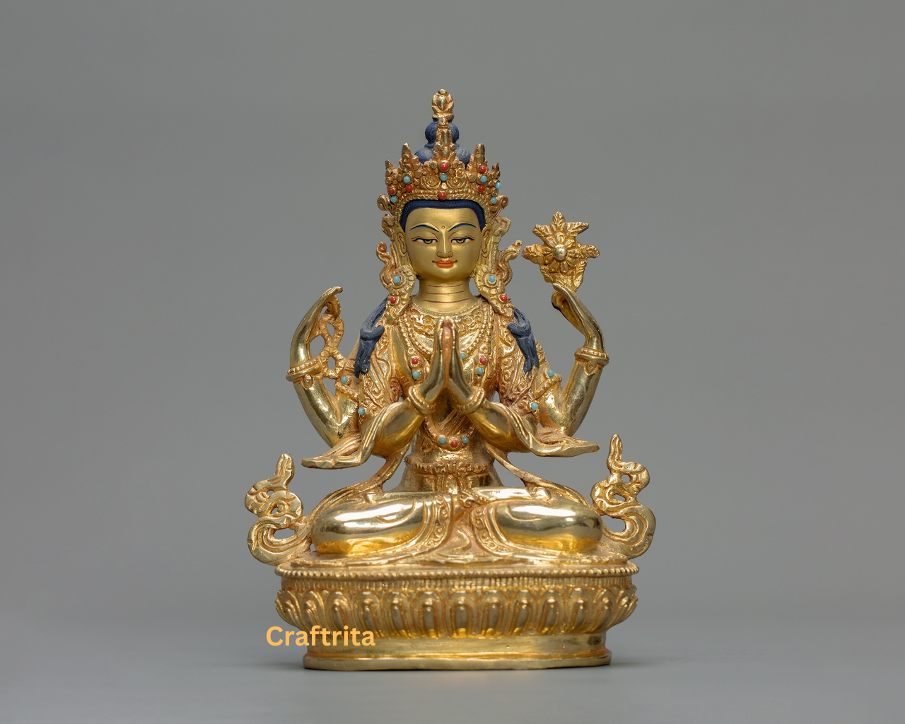 Chenrezig (Avalokiteshvara) Statue 1.4kg – Handmade in Nepal | Copper with 24K Gold Plating & Fire Gilding | Tibetan Buddhist Art & Spiritual Home Decor