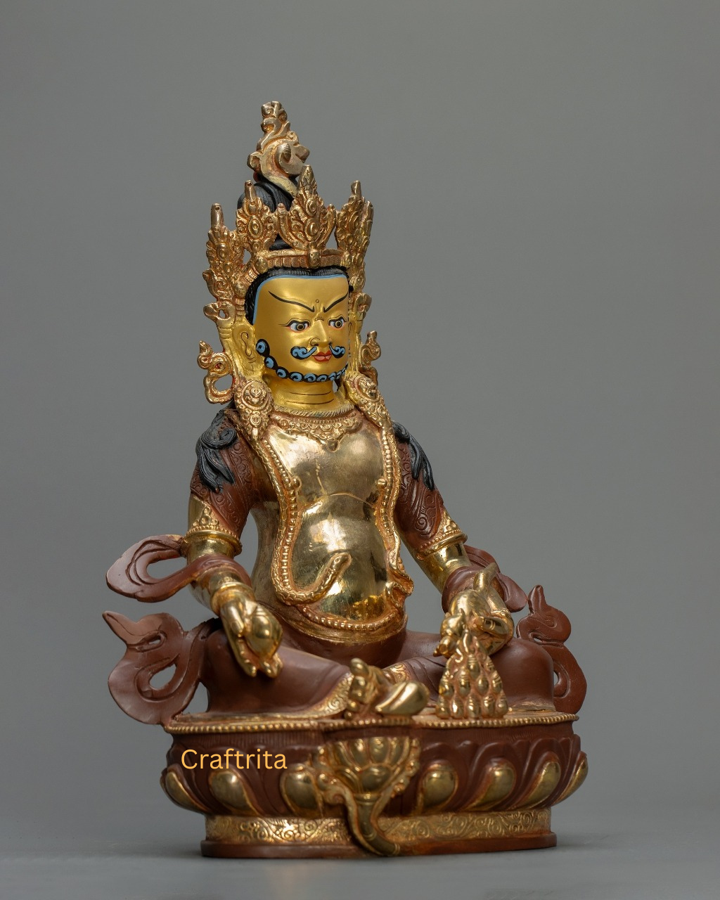 Dzambala Statue 1.7 kg – Copper Body with 24K Gold Plating & Acrylic Painting by Fire Gilding | Handmade Tibetan Buddhist Deity of Wealth & Prosperity