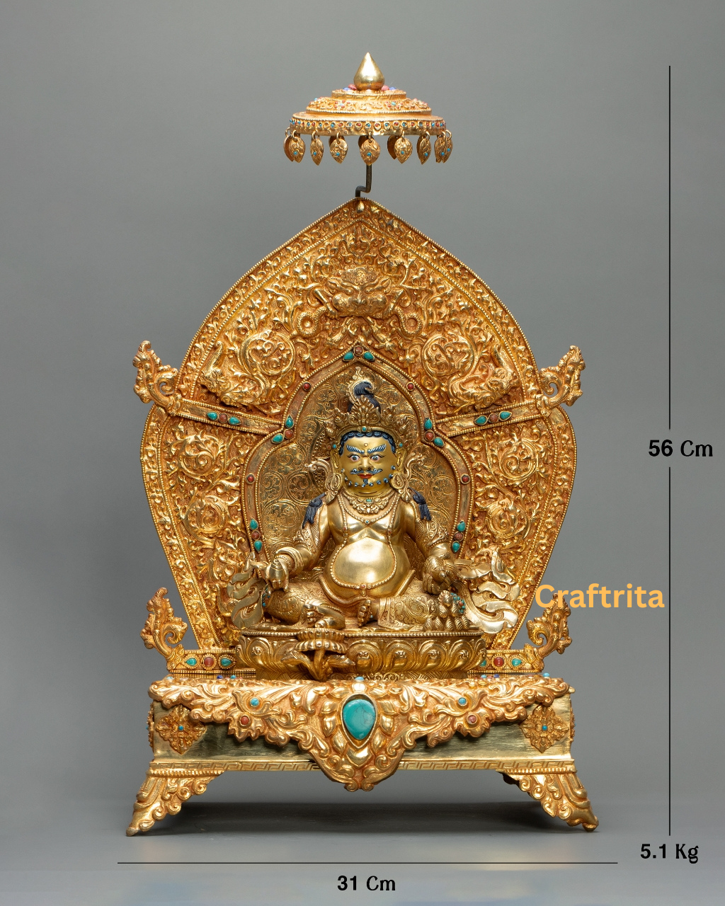 Dzambhala Statue – Deity of Wealth – 5.1kg Copper Body with 24K Gold Plating & Fire Gilding – Buddhist Spiritual Art & Home Decor