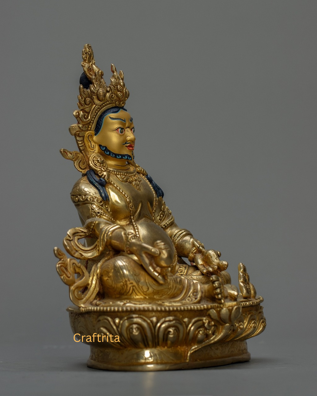 Dzambhala Statue 1.7 kg – Copper Body with 24K Gold Plating by Fire Gilding | Handmade Tibetan Buddhist Deity of Wealth & Prosperity from Nepal