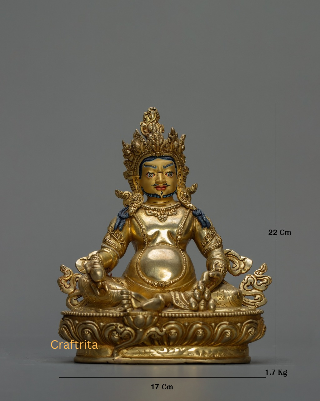 Dzambhala Statue 1.7 kg – Copper Body with 24K Gold Plating by Fire Gilding | Handmade Tibetan Buddhist Deity of Wealth & Prosperity from Nepal