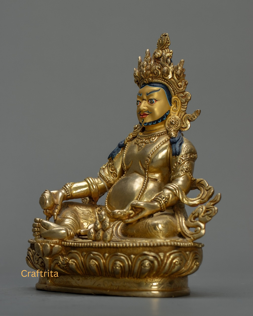 Dzambhala Statue 1.7 kg – Copper Body with 24K Gold Plating by Fire Gilding | Handmade Tibetan Buddhist Deity of Wealth & Prosperity from Nepal