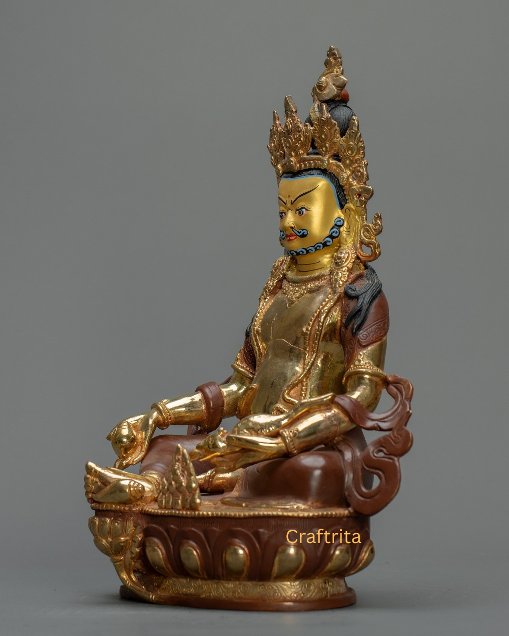 Dzambhala Statue 4.1 kg – Copper Body with 24K Gold Plating by Fire Gilding & Acrylic Painting | Handmade Tibetan Buddhist Deity of Wealth & Prosperity