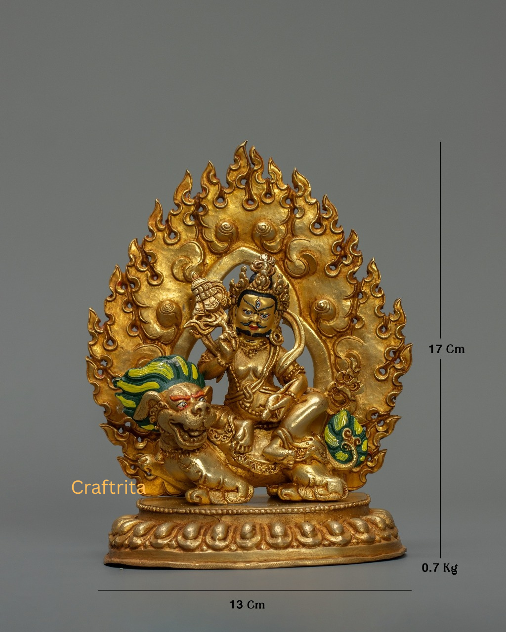Dzambhala (Namthoshe) Statue 0.7kg – Copper Body with 24K Gold Plating By Fire Gilding | Handmade Tibetan Buddhist Deity for Spiritual Home Decor