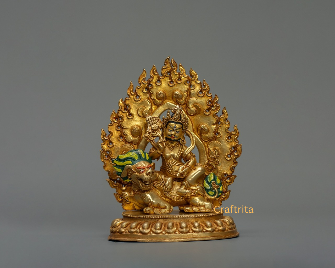 Dzambhala (Namthoshe) Statue 0.7kg – Copper Body with 24K Gold Plating By Fire Gilding | Handmade Tibetan Buddhist Deity for Spiritual Home Decor