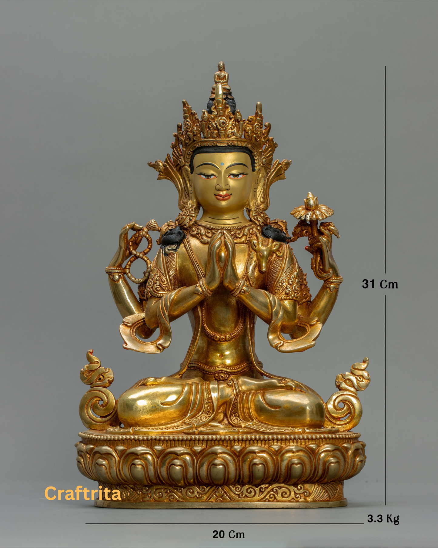 Chenrezig Statue (Avalokiteshvara) 3.3kg – Handmade in Nepal | Copper with 24K Gold Plating & Fire Gilding | Tibetan Buddhist Art & Spiritual Home Decor
