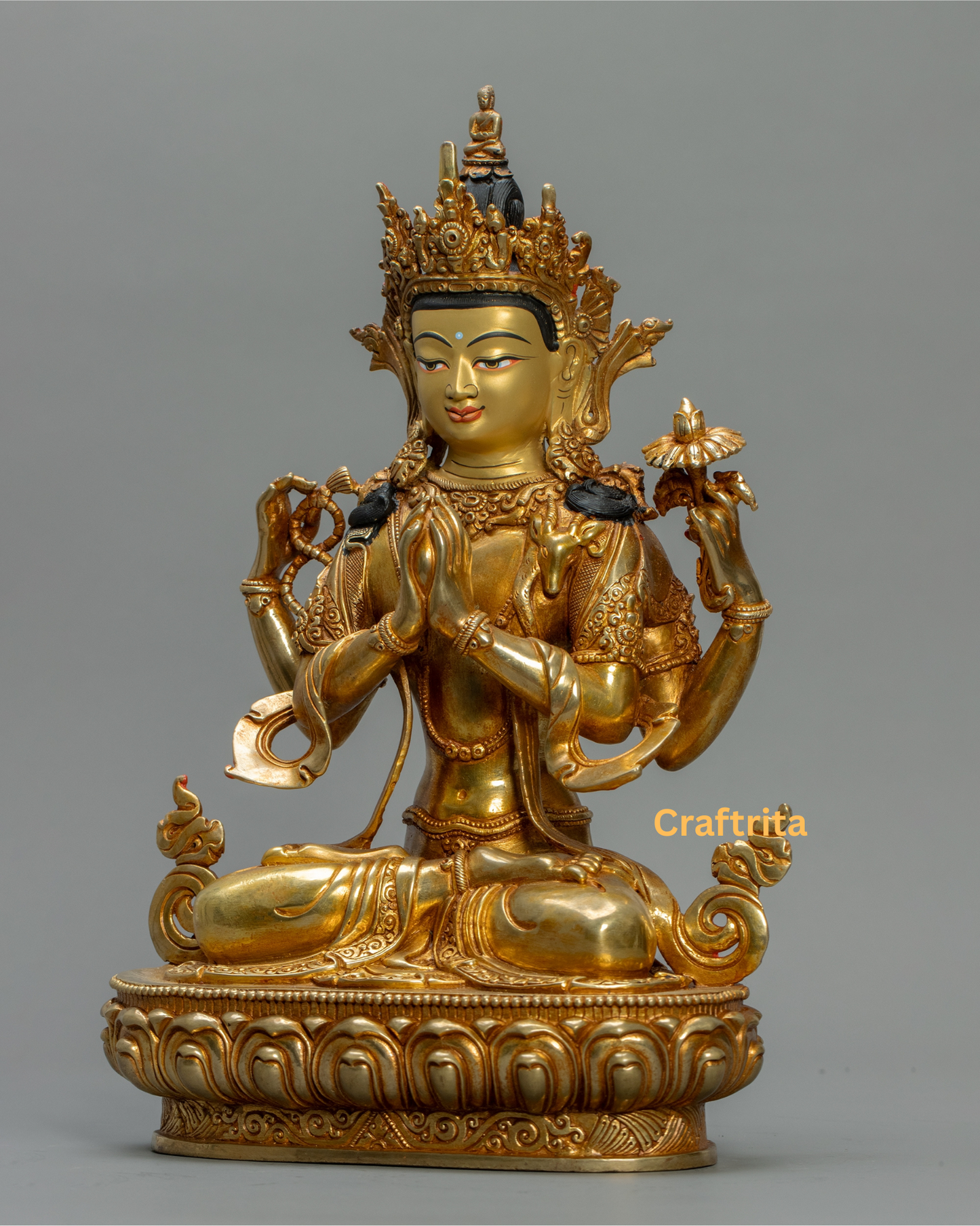 Chenrezig Statue (Avalokiteshvara) 3.3kg – Handmade in Nepal | Copper with 24K Gold Plating & Fire Gilding | Tibetan Buddhist Art & Spiritual Home Decor