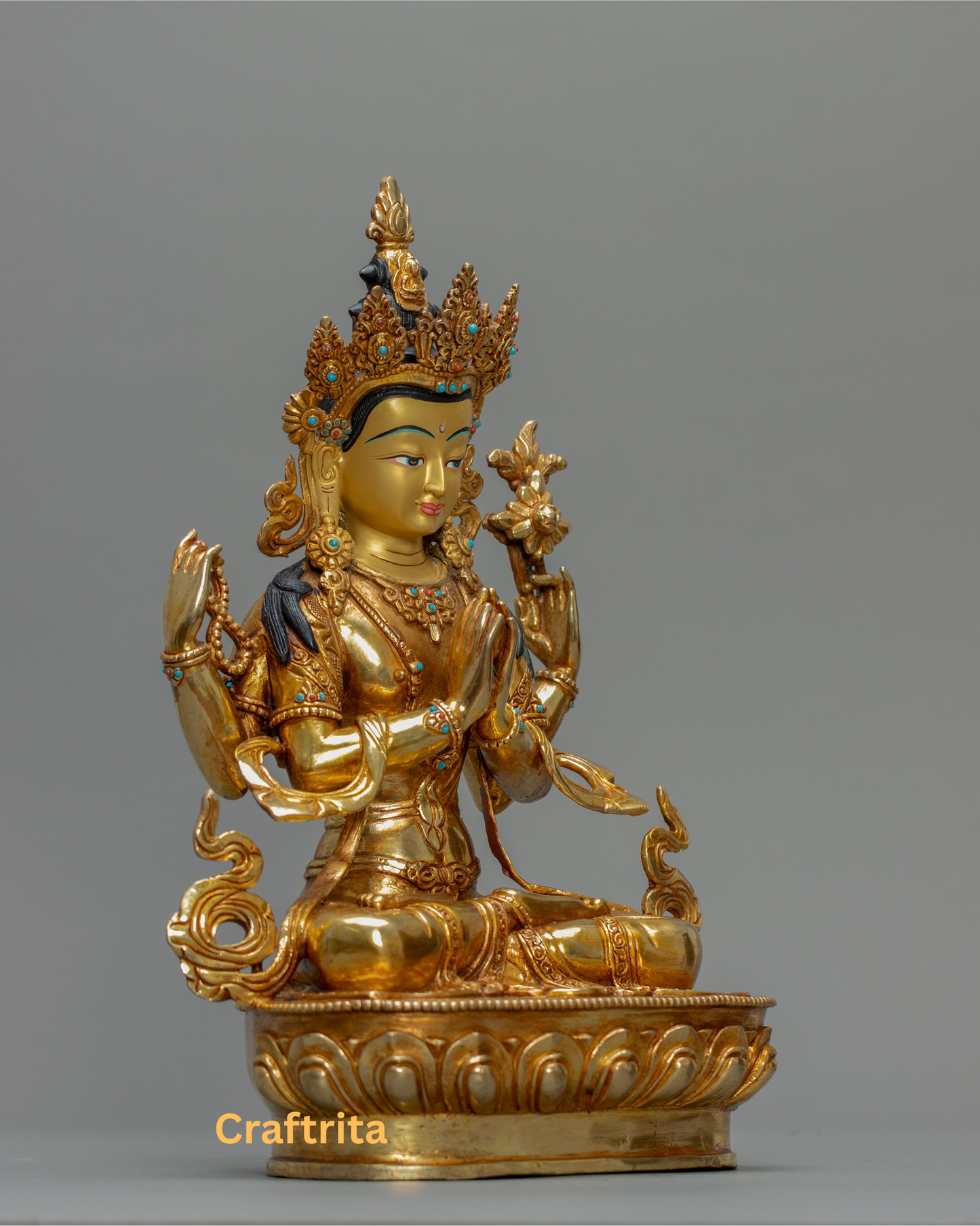 Chenrezig Statue (Avalokiteshvara) 4.2kg – Handmade in Nepal | Copper with 24K Gold Plating & Fire Gilding | Tibetan Buddhist Art & Spiritual Home Decor
