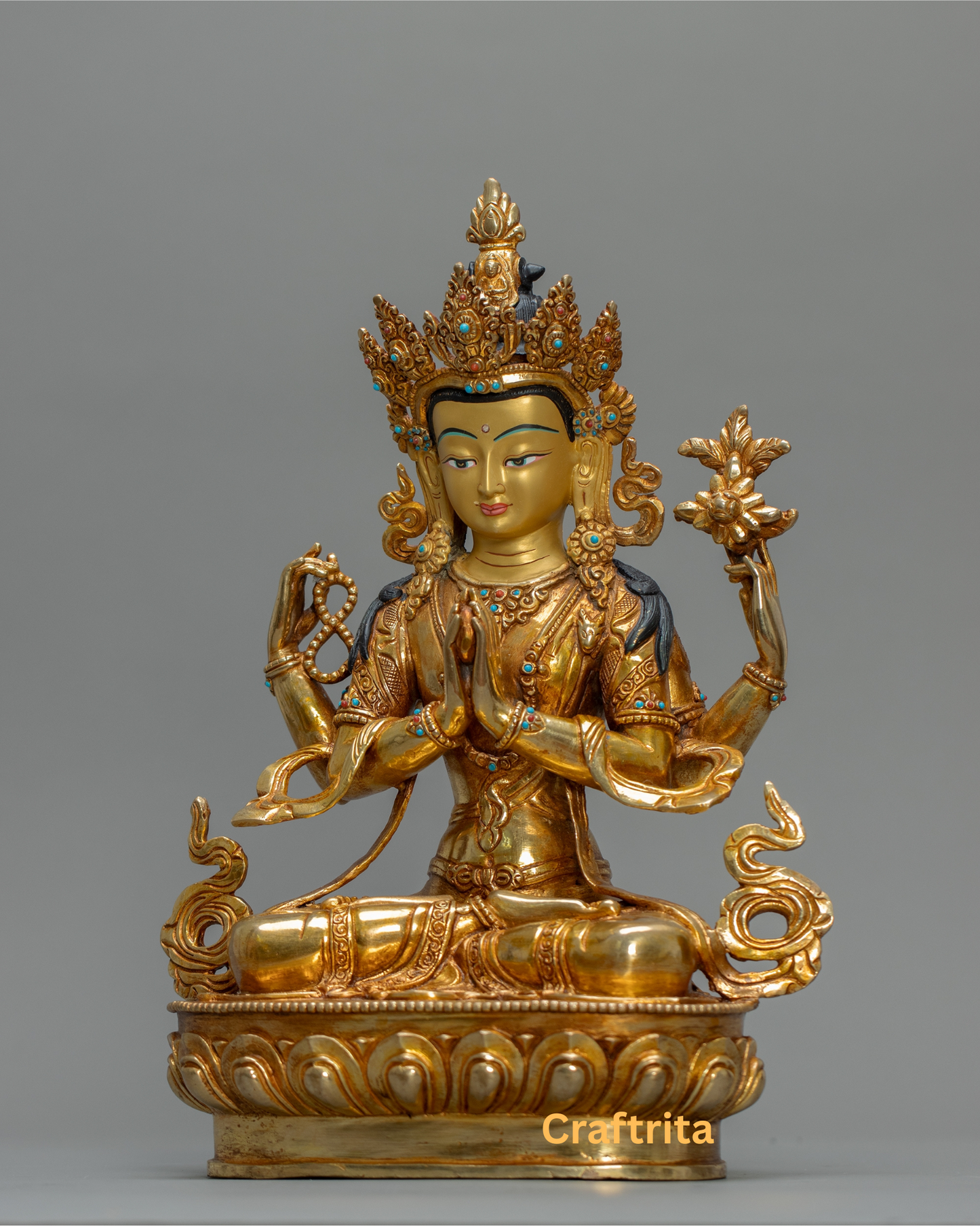 Chenrezig Statue (Avalokiteshvara) 4.2kg – Handmade in Nepal | Copper with 24K Gold Plating & Fire Gilding | Tibetan Buddhist Art & Spiritual Home Decor
