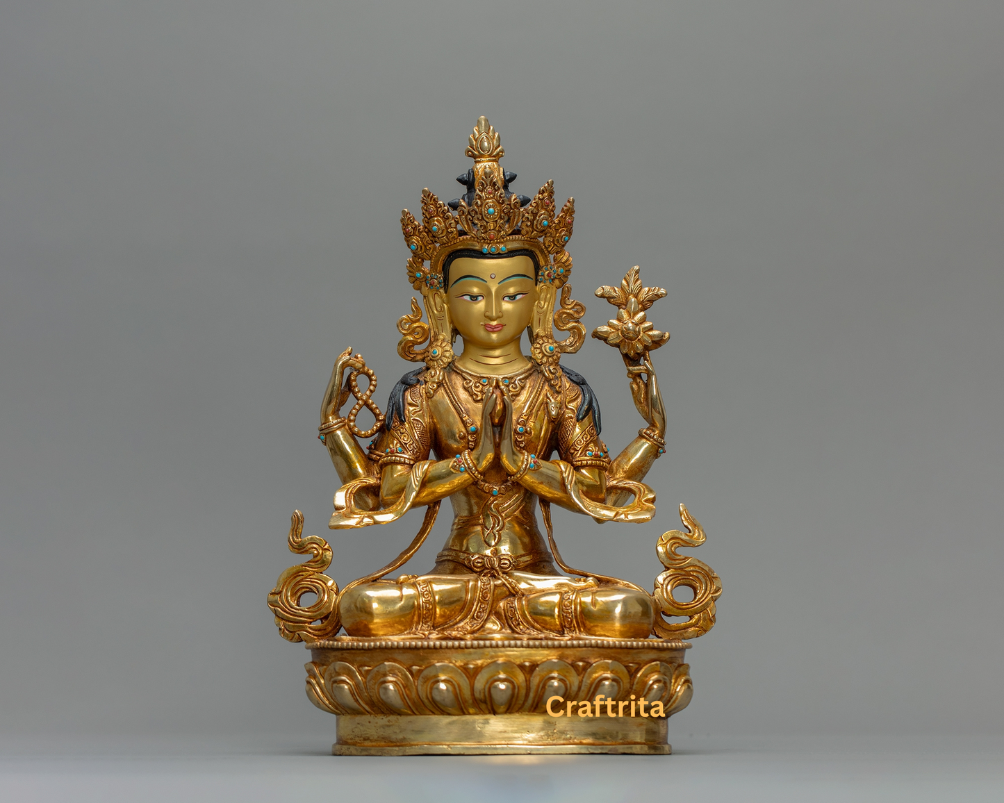 Chenrezig Statue (Avalokiteshvara) 4.2kg – Handmade in Nepal | Copper with 24K Gold Plating & Fire Gilding | Tibetan Buddhist Art & Spiritual Home Decor