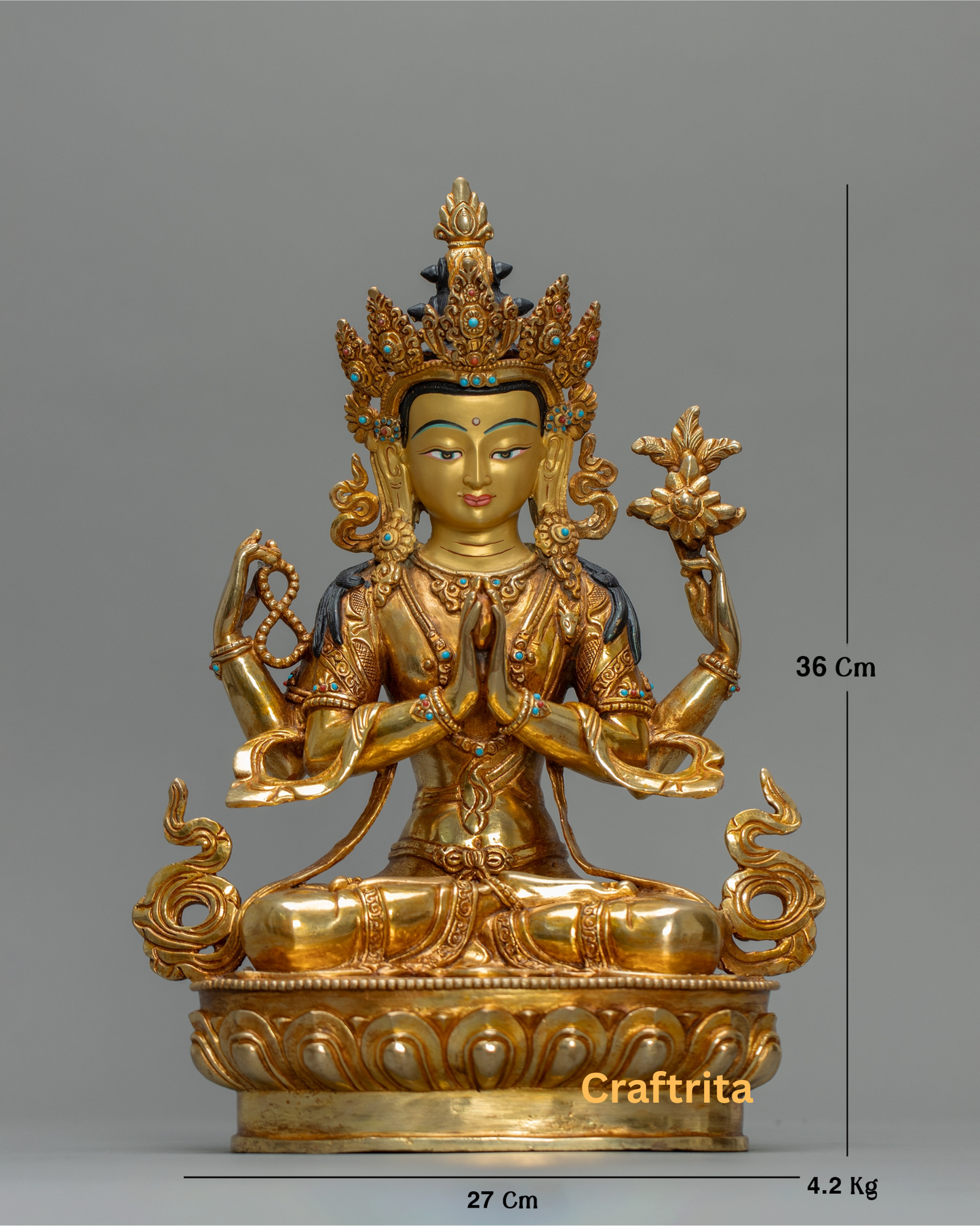 Chenrezig Statue (Avalokiteshvara) 4.2kg – Handmade in Nepal | Copper with 24K Gold Plating & Fire Gilding | Tibetan Buddhist Art & Spiritual Home Decor