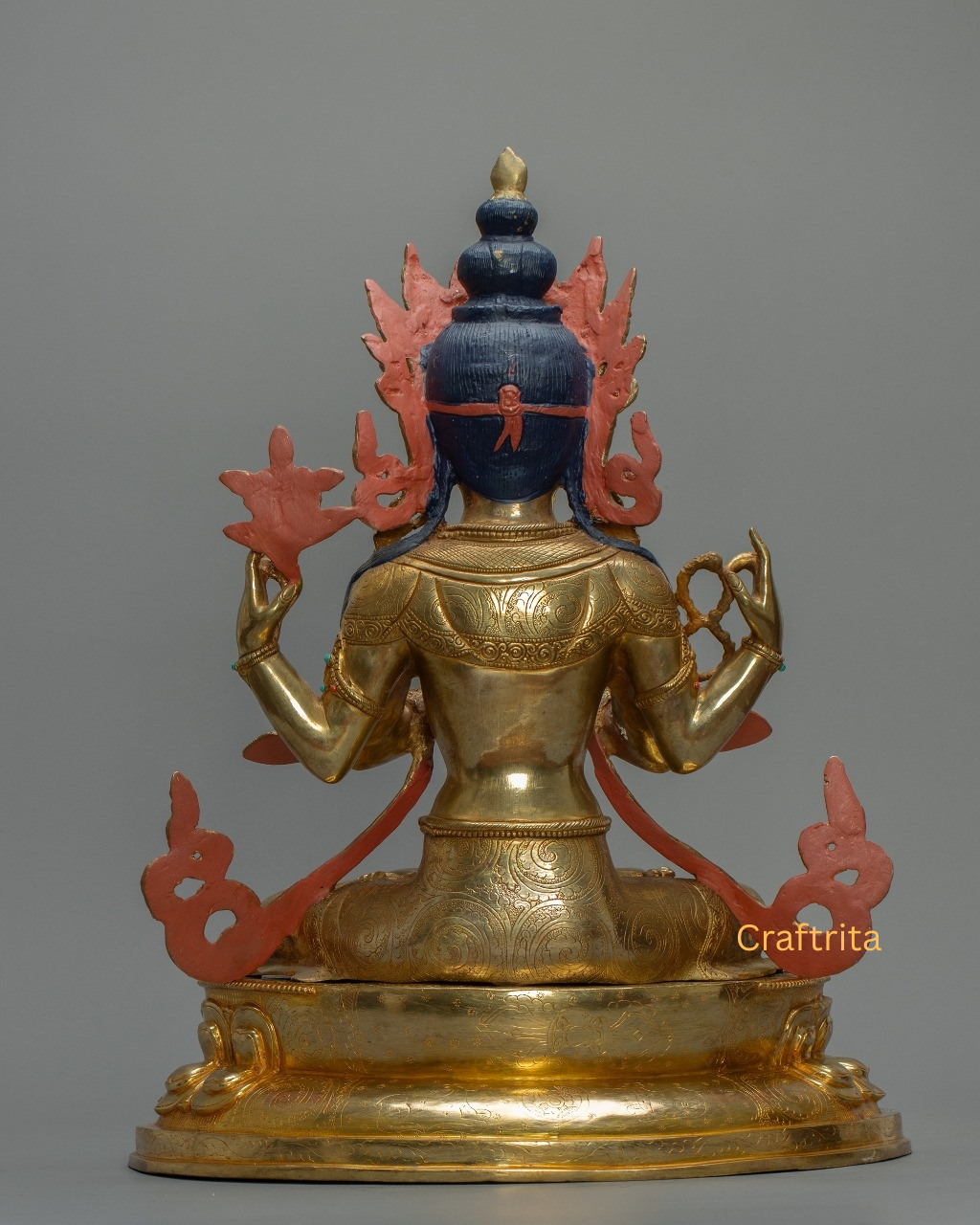 Four-Armed Chenrezig Statue β Handmade in Nepal | 24K Gold Fire-Gilded Copper Sculpture of Compassion & Wisdom