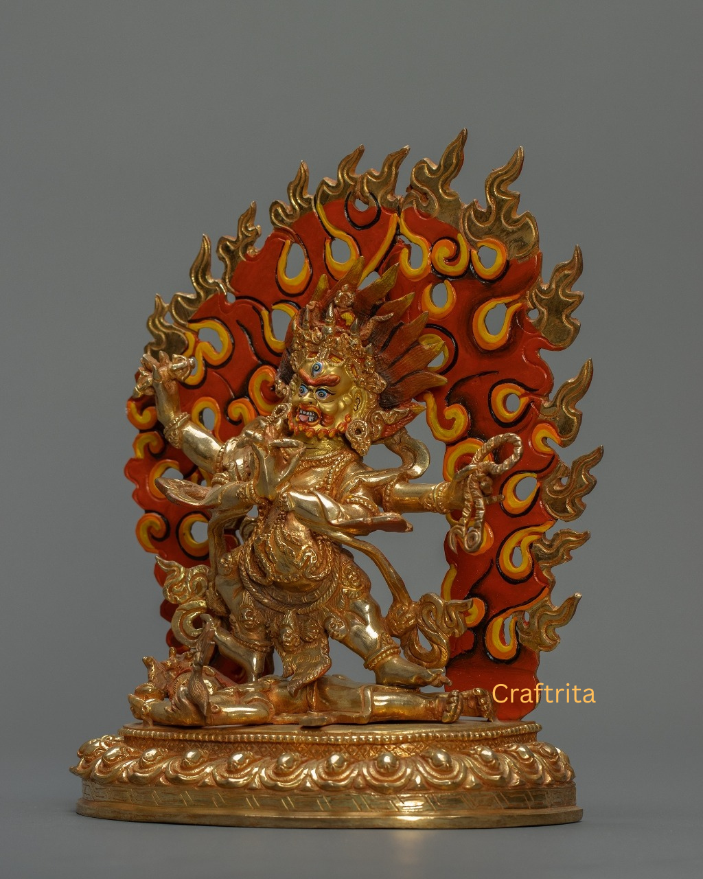 Four-Armed Vajrapani Statue 1.8 kg – Copper Body with 24K Gold Plated Fire Gilding & Acrylic Painting | Handmade Tibetan Buddhist Deity for Spiritual Home Decor
