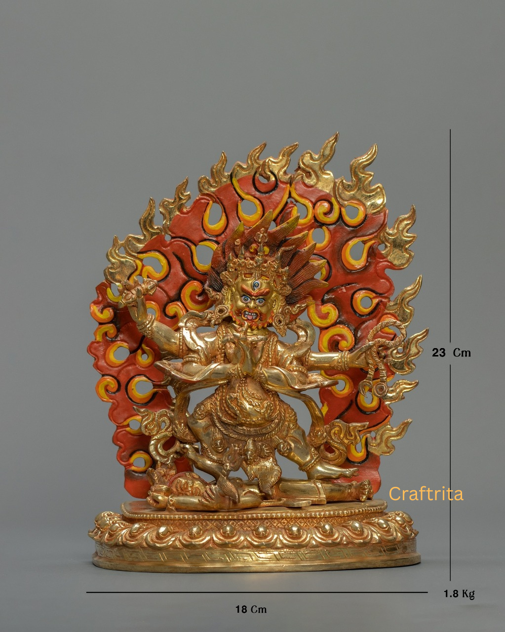 Four-Armed Vajrapani Statue 1.8 kg – Copper Body with 24K Gold Plated Fire Gilding & Acrylic Painting | Handmade Tibetan Buddhist Deity for Spiritual Home Decor
