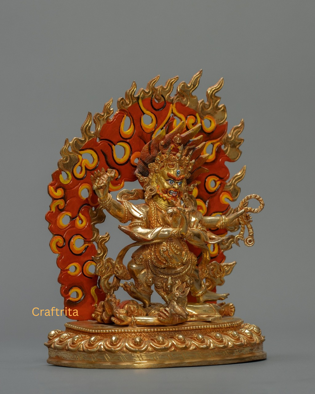 Four-Armed Vajrapani Statue 1.8 kg – Copper Body with 24K Gold Plated Fire Gilding & Acrylic Painting | Handmade Tibetan Buddhist Deity for Spiritual Home Decor