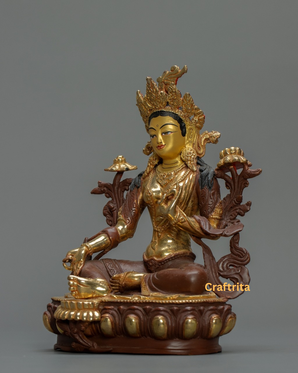 Green Tara Statue 1.8 kg – Copper Body with 24K Pure Gold Plated Fire Gilding & Acrylic Painting | Handmade Tibetan Buddhist Goddess of Compassion for Spiritual Home Decor
