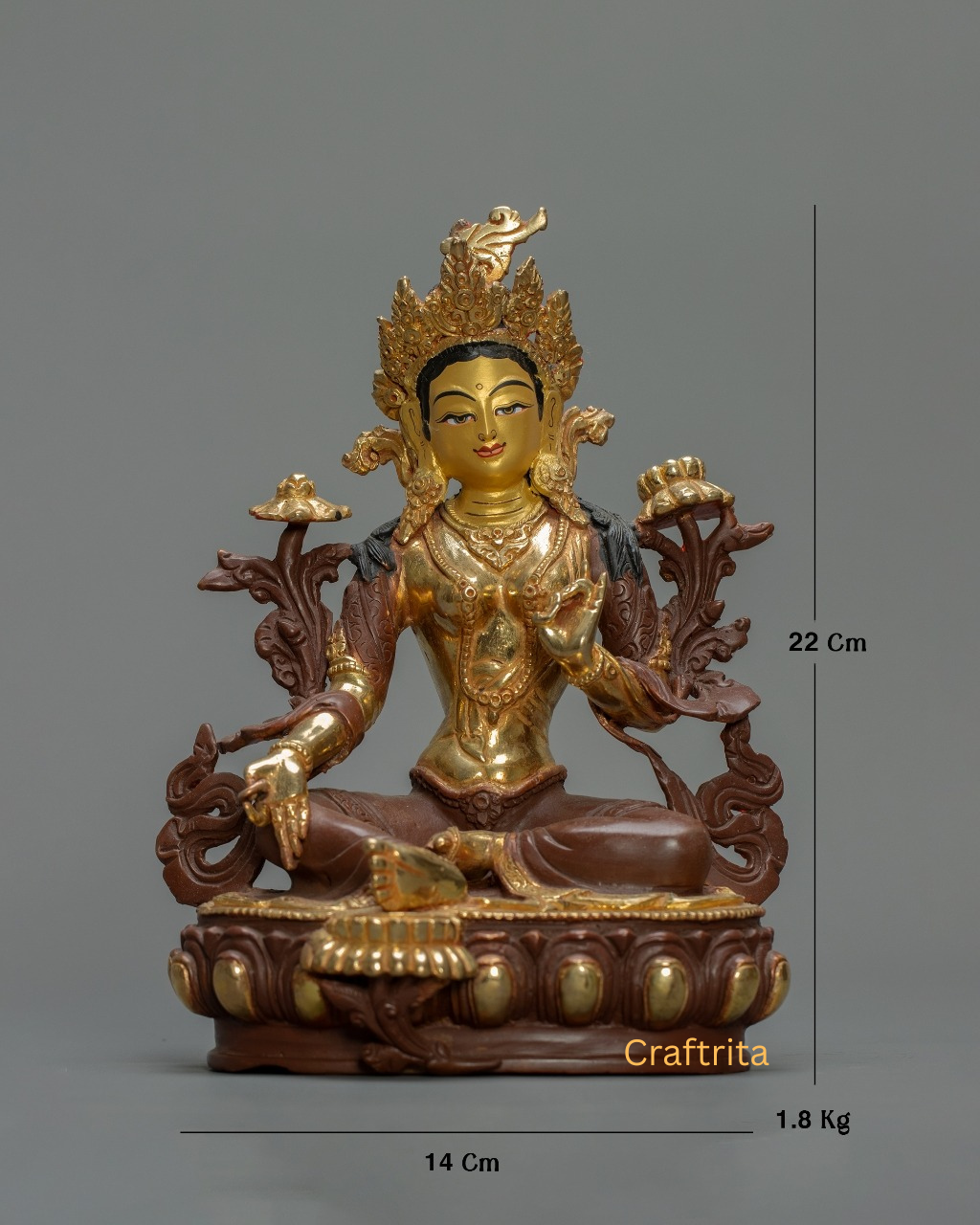 Green Tara Statue 1.8 kg – Copper Body with 24K Pure Gold Plated Fire Gilding & Acrylic Painting | Handmade Tibetan Buddhist Goddess of Compassion for Spiritual Home Decor