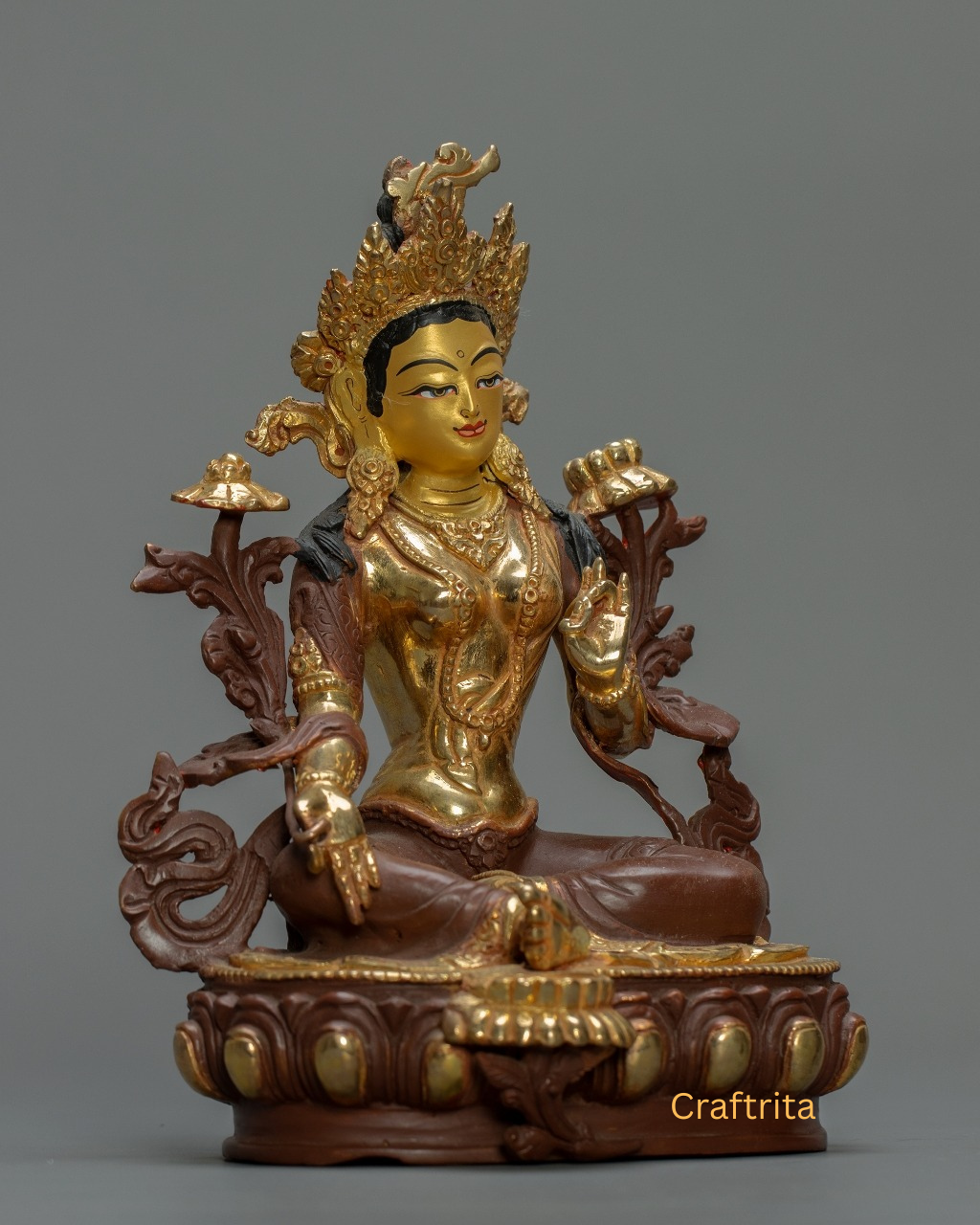 Green Tara Statue 1.8 kg – Copper Body with 24K Pure Gold Plated Fire Gilding & Acrylic Painting | Handmade Tibetan Buddhist Goddess of Compassion for Spiritual Home Decor