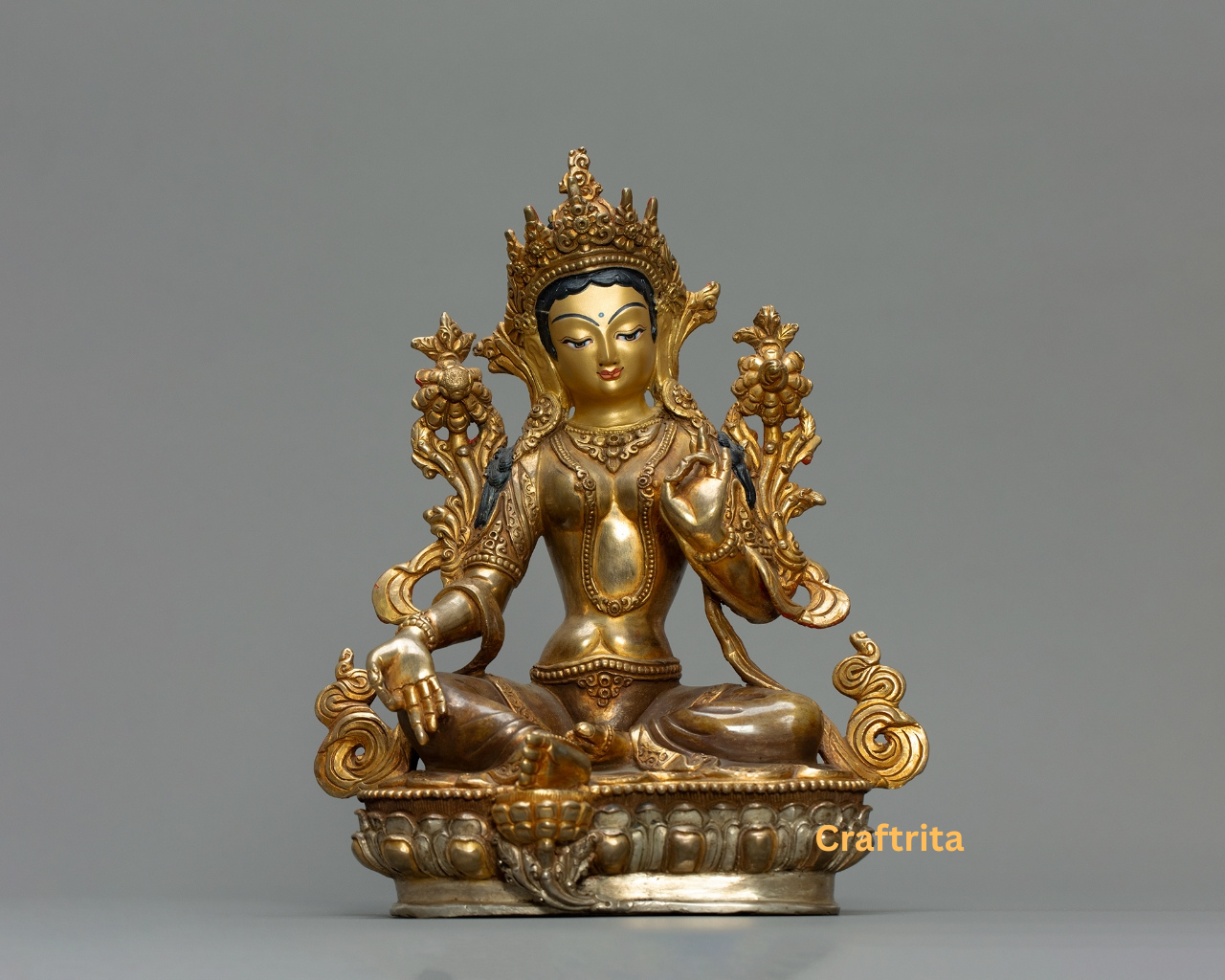 Green Tara Statue 2.2kg – Handcrafted Copper Body with 24K Gold Plating & Traditional Fire Gilding | Tibetan Buddhist Deity for Home Decor