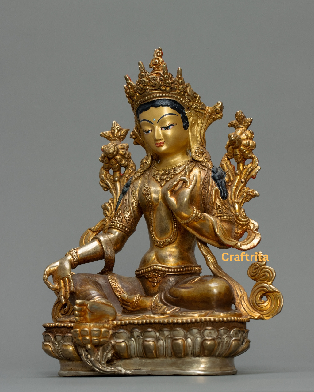 Green Tara Statue 2.2kg – Handcrafted Copper Body with 24K Gold Plating & Traditional Fire Gilding | Tibetan Buddhist Deity for Home Decor