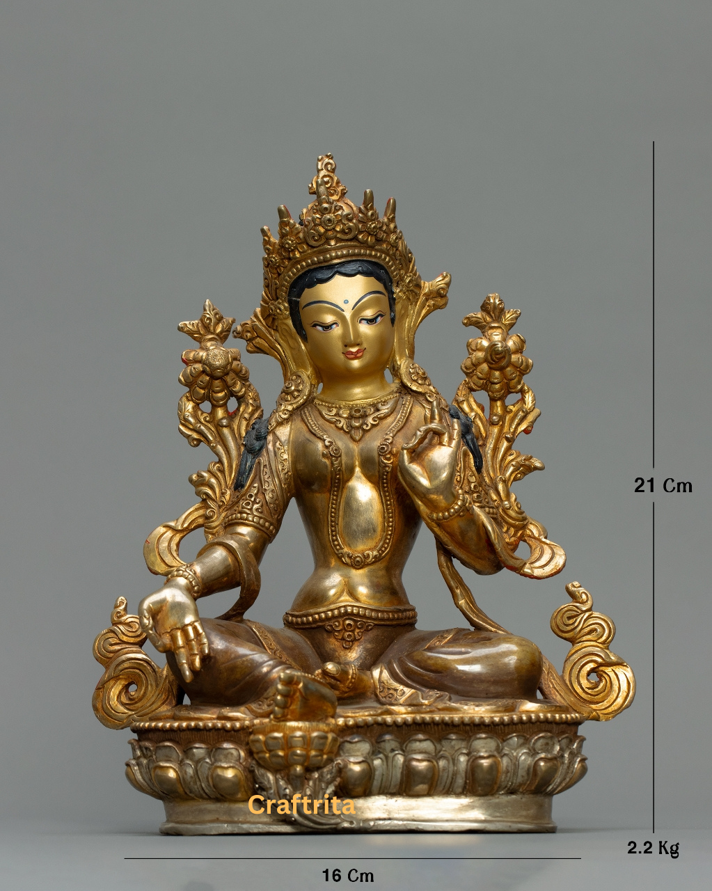 Green Tara Statue 2.2kg – Handcrafted Copper Body with 24K Gold Plating & Traditional Fire Gilding | Tibetan Buddhist Deity for Home Decor