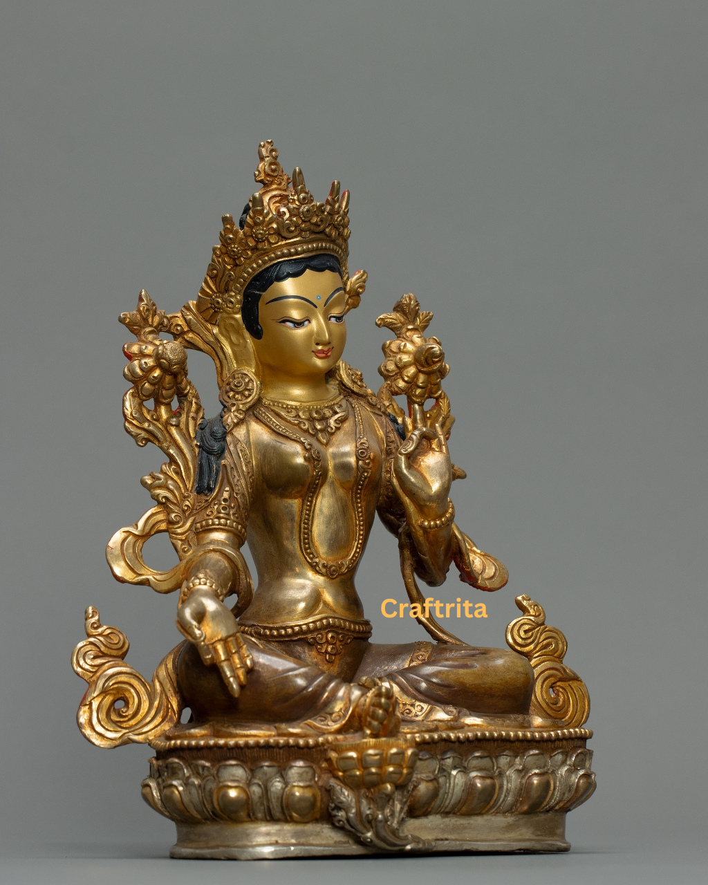 Green Tara Statue 2.2kg – Handcrafted Copper Body with 24K Gold Plating & Traditional Fire Gilding | Tibetan Buddhist Deity for Home Decor