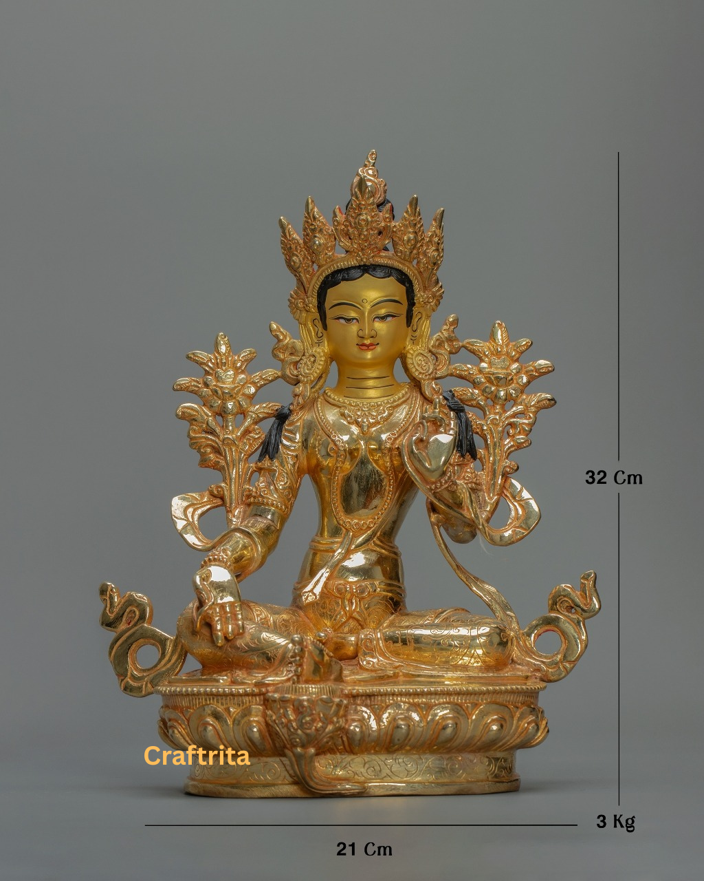 Green Tara Statue 3 kg – Copper Body with 24K Gold Plated Fire Gilding | Handmade Tibetan Buddhist Goddess of Compassion for Spiritual Home Decor