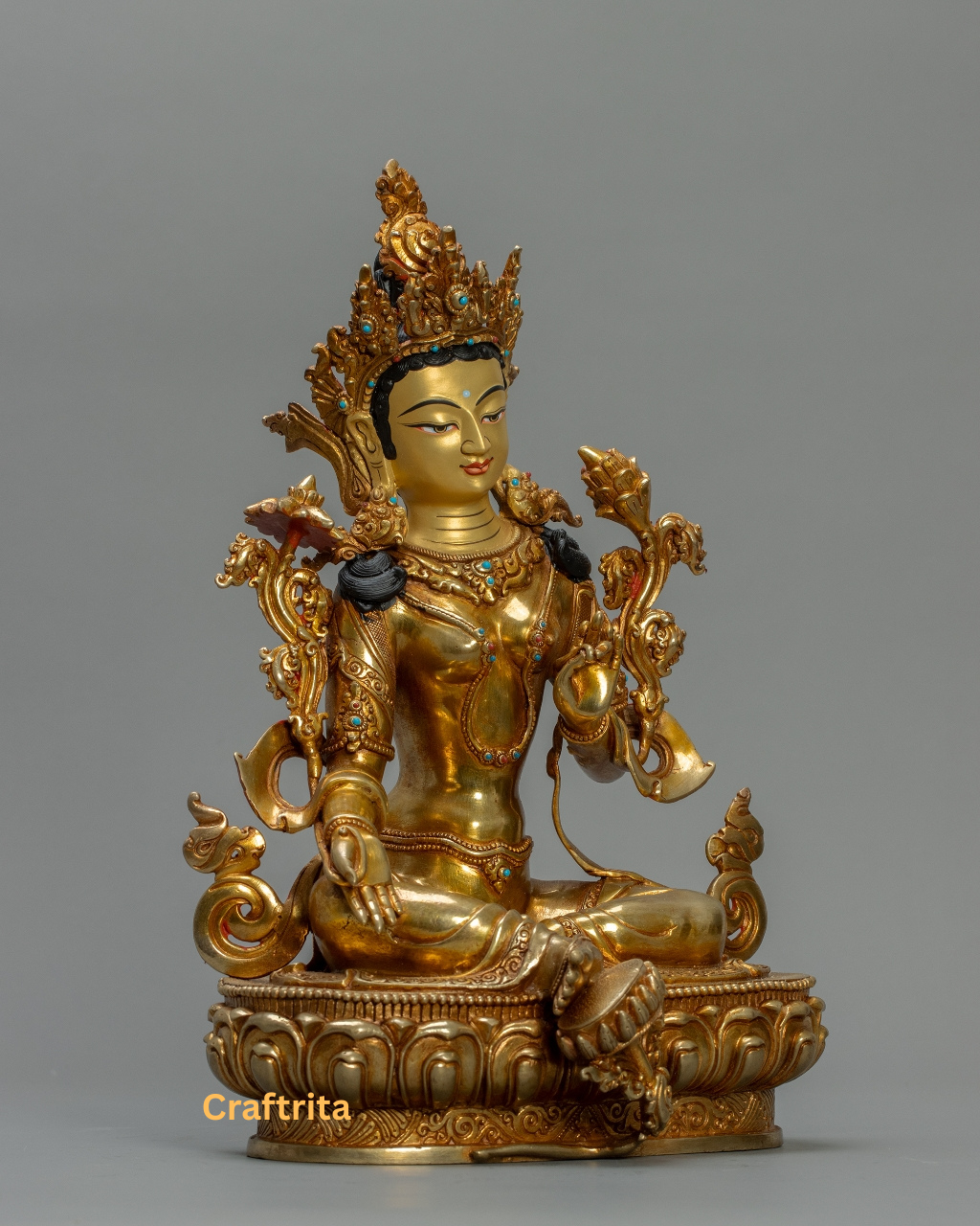 Green Tara Statue 4kg – Handmade in Nepal | Copper Body with 24K Gold Plating & Fire Gilding | Tibetan Buddhist Art & Spiritual Home Decor