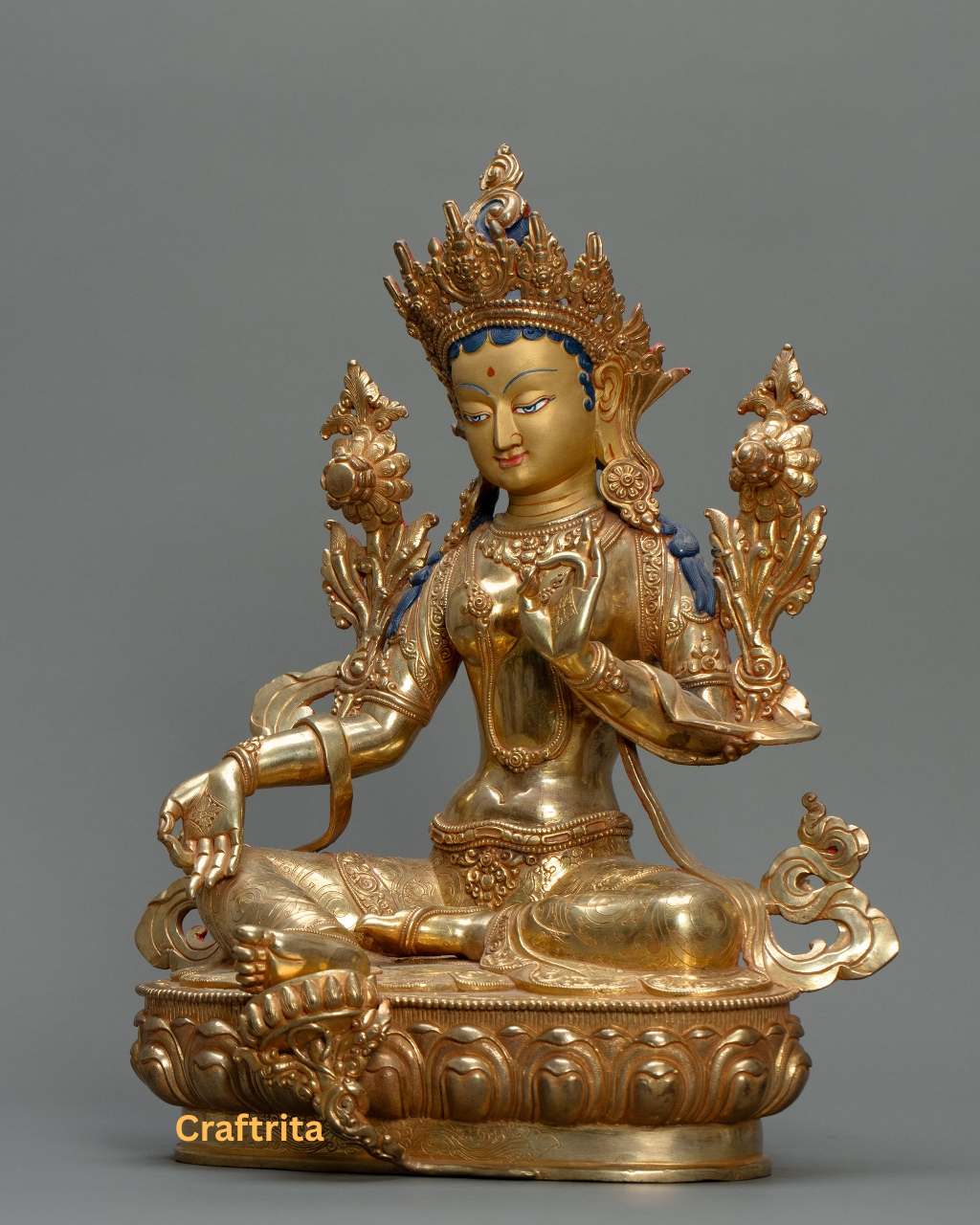 Green Tara Statue 5.4kg – Handcrafted Copper | 24K Gold-Plated Fire-Gilded | Premium Buddhist Art from Nepal
