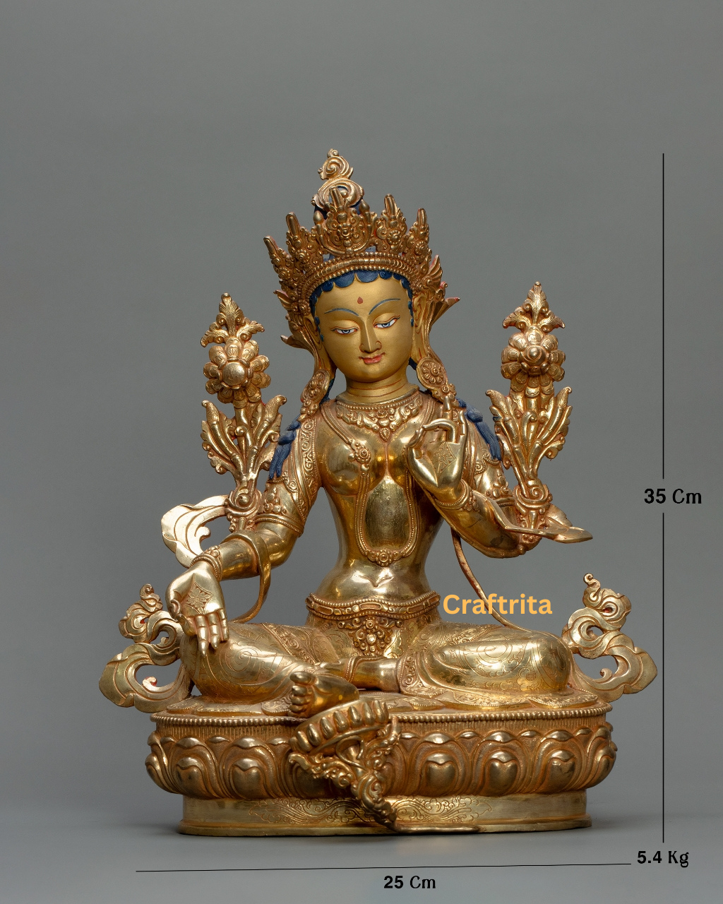 Green Tara Statue 5.4kg – Handcrafted Copper | 24K Gold-Plated Fire-Gilded | Premium Buddhist Art from Nepal