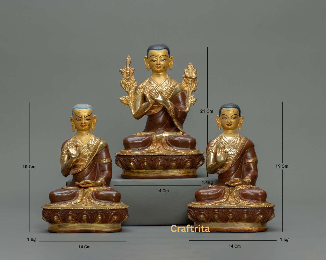 Je Tsongkhapa with Disciples Statue – Handmade in Nepal | Oxidized Copper with 24K Gold Plating & Fire Gilding | Tibetan Buddhist Art & Spiritual Home Decor