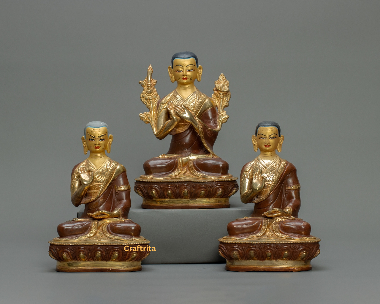 Je Tsongkhapa with Disciples Statue – Handmade in Nepal | Oxidized Copper with 24K Gold Plating & Fire Gilding | Tibetan Buddhist Art & Spiritual Home Decor