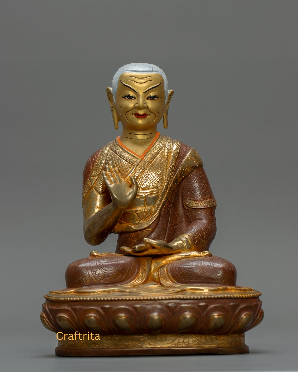 Je Tsongkhapa with Disciples Statue Set – Oxidized Copper with 24K Gold Fire Gilding | Handmade Buddhist Art from Nepal | Spiritual Home Decor