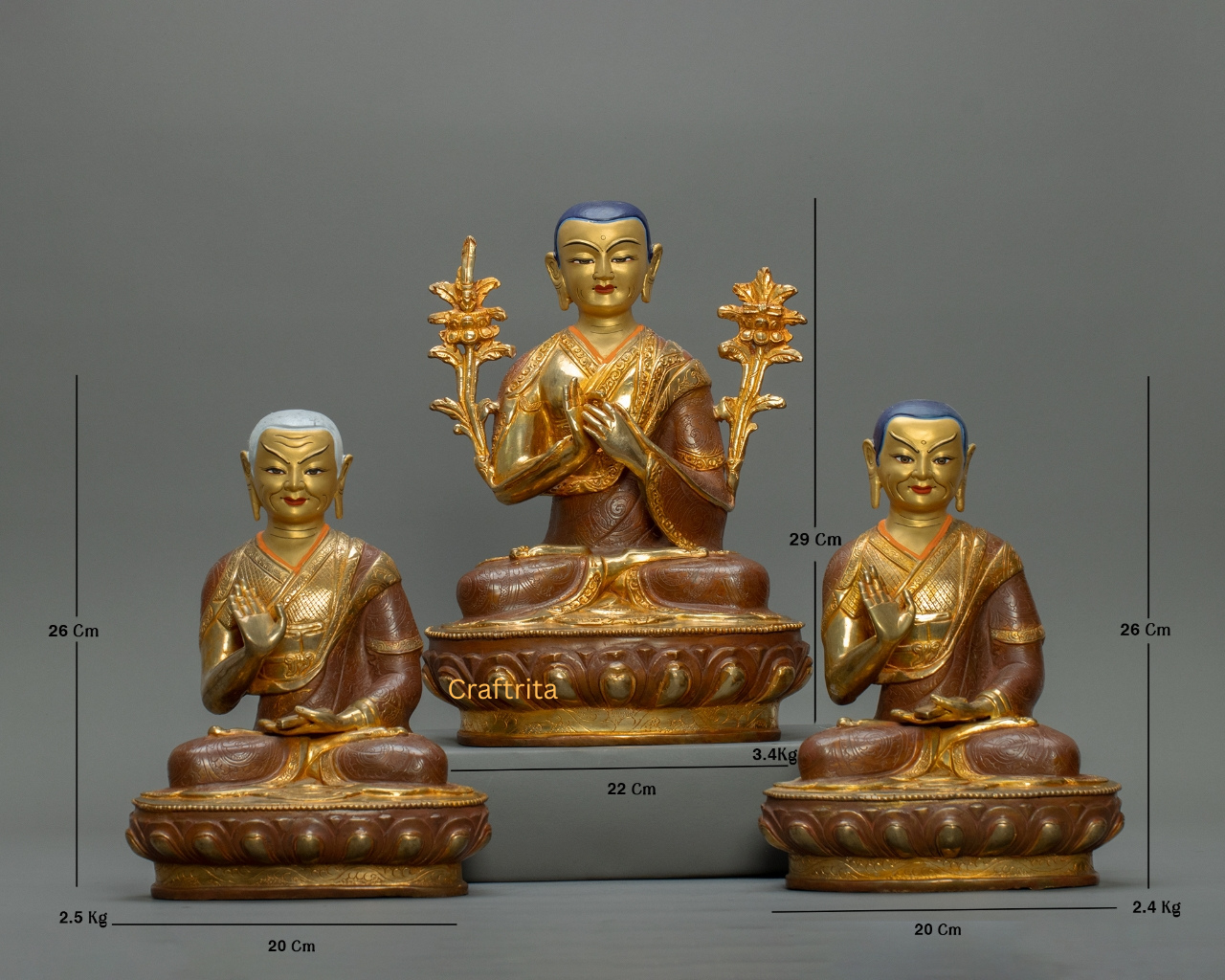 Je Tsongkhapa with Disciples Statue Set – Oxidized Copper with 24K Gold Fire Gilding | Handmade Buddhist Art from Nepal | Spiritual Home Decor
