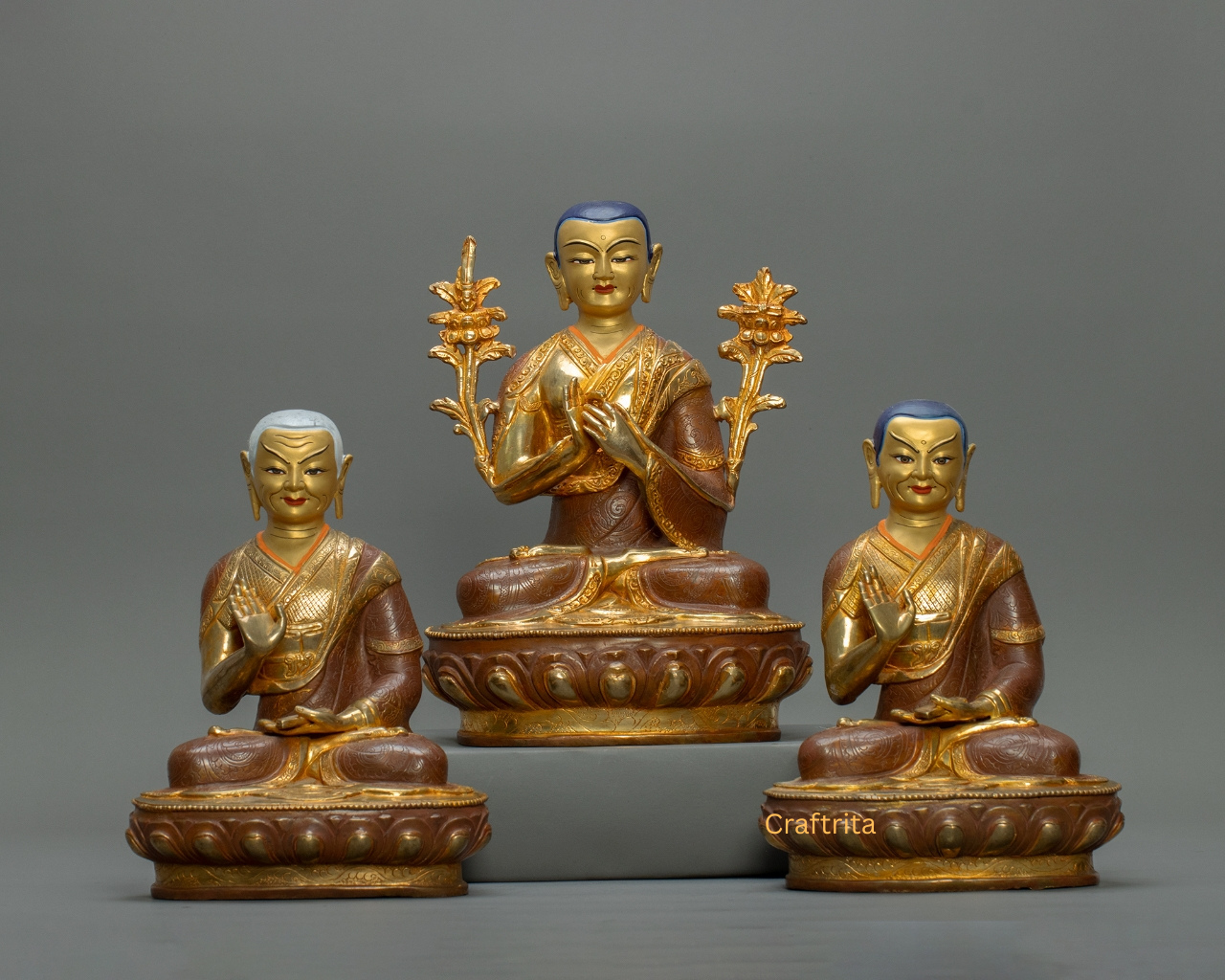 Je Tsongkhapa with Disciples Statue Set – Oxidized Copper with 24K Gold Fire Gilding | Handmade Buddhist Art from Nepal | Spiritual Home Decor