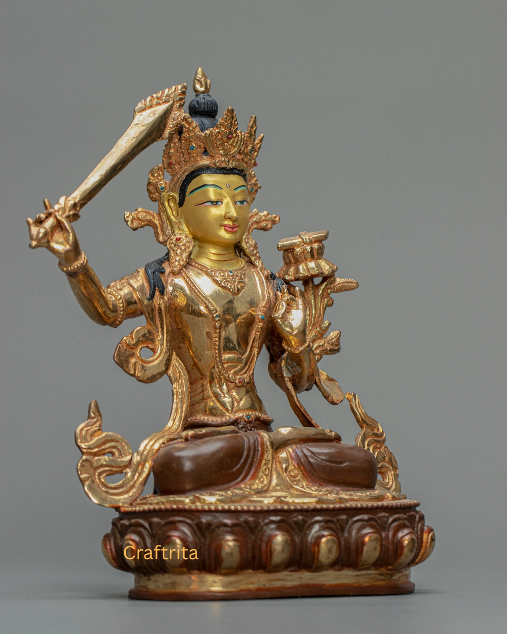 Manjushree Statue 1.4kg – Handmade in Nepal | Copper with 24K Gold Plating, Fire Gilding & Acrylic Painting | Tibetan Buddhist Deity of Wisdom | Spiritual Home Decor