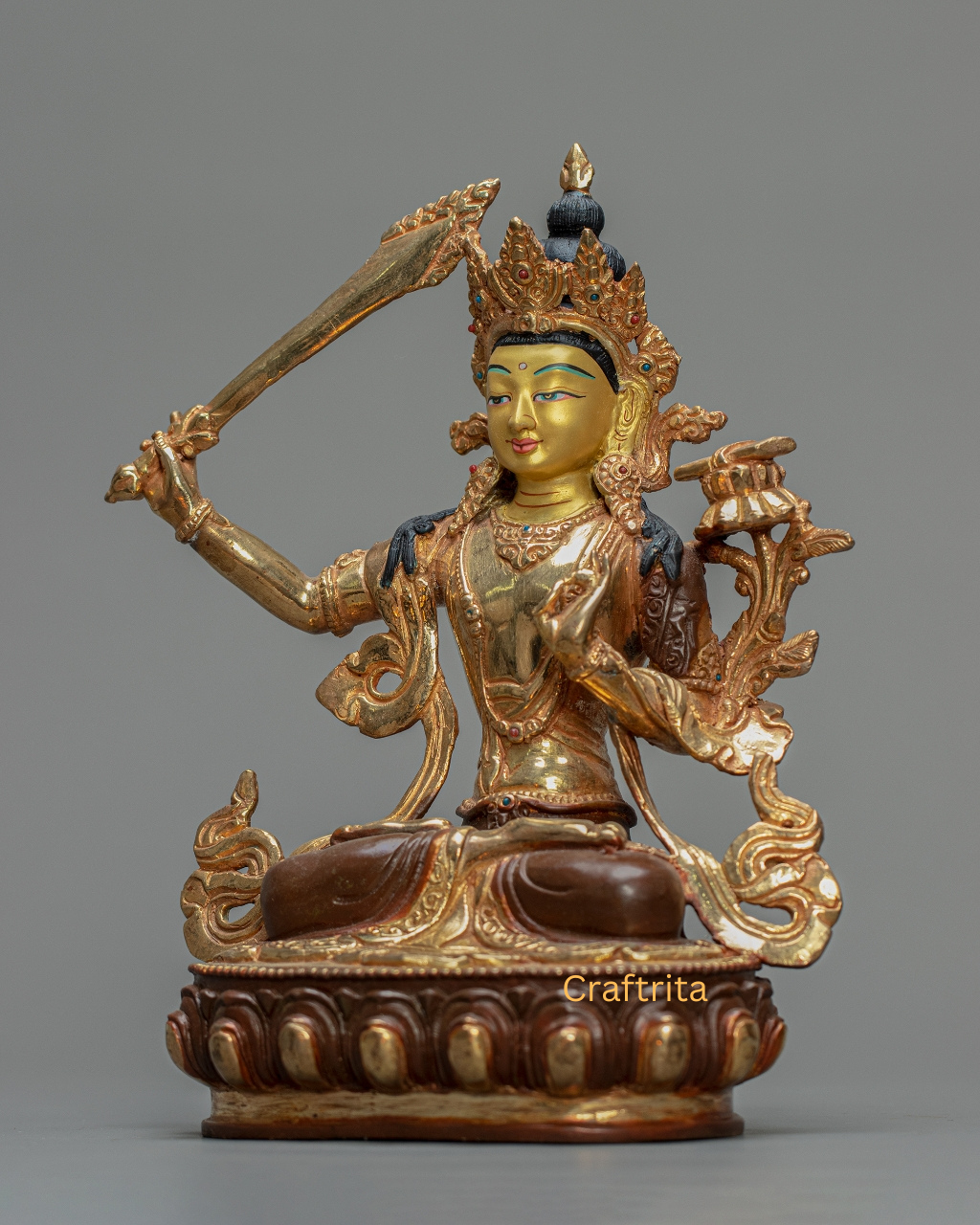 Manjushree Statue 1.4kg – Handmade in Nepal | Copper with 24K Gold Plating, Fire Gilding & Acrylic Painting | Tibetan Buddhist Deity of Wisdom | Spiritual Home Decor