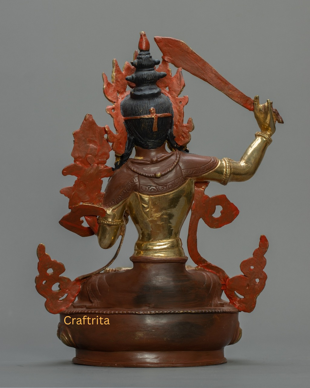 Handmade Tibetan Manjushri Statue – Copper Body, 24K Gold Plating, Fire Gilded | Wisdom Deity for Meditation Space