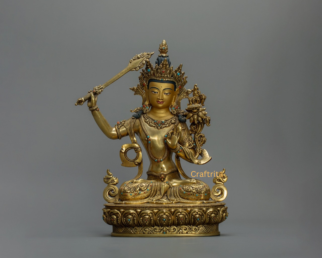 Manjushri Buddha Statue 4.5 kg – Copper Body with 24K Gold Plated Fire Gilding | Handmade Tibetan Buddhist Deity of Wisdom for Spiritual Home Decor
