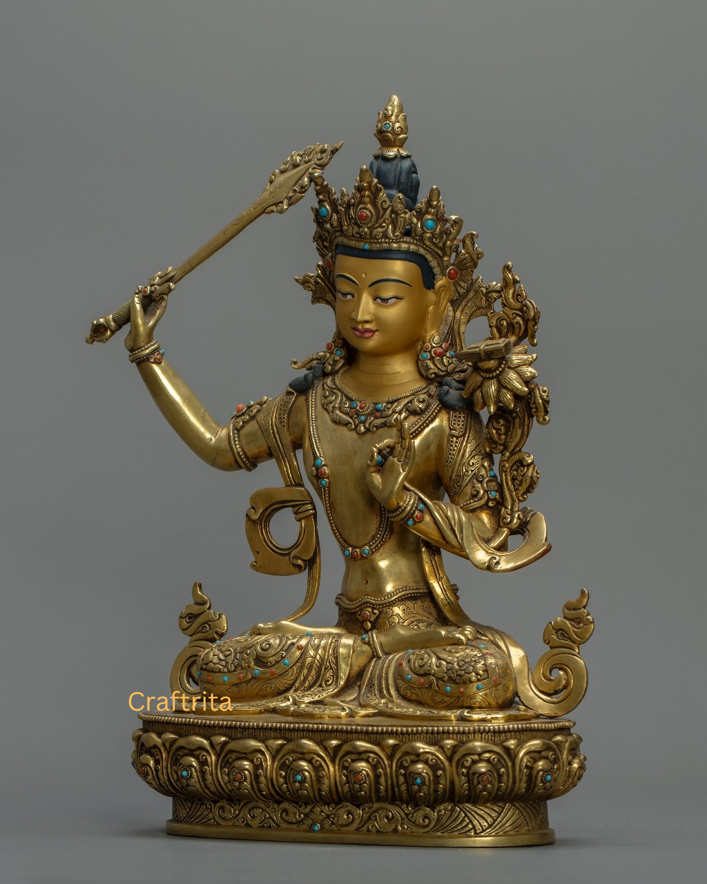 Manjushri Buddha Statue 4.5 kg – Copper Body with 24K Gold Plated Fire Gilding | Handmade Tibetan Buddhist Deity of Wisdom for Spiritual Home Decor
