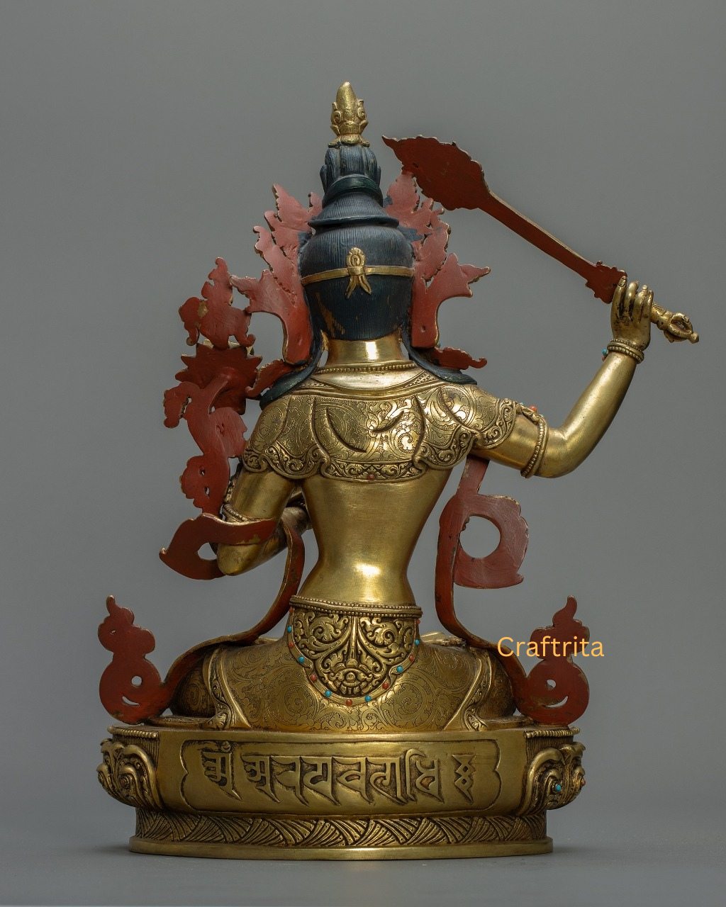 Manjushri Bodhisattva – Handcrafted Copper Statue with 24K Gold Plating | Tibetan Wisdom Deity for Spiritual Decor