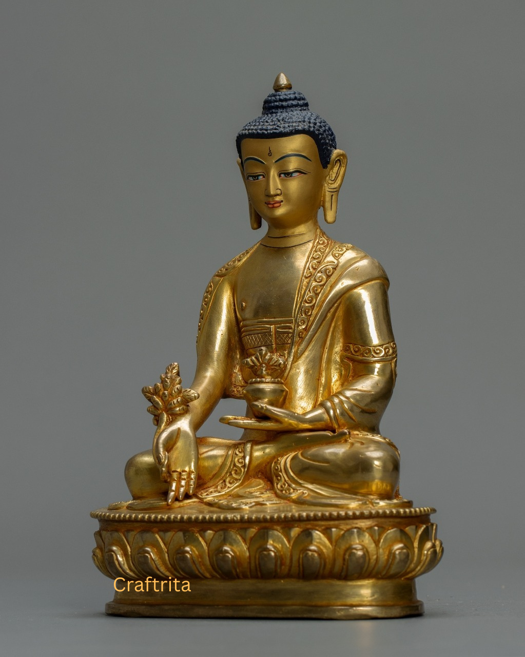 Medicine Buddha Statue 1.3 kg – Copper Body with 24K Gold Plated Fire Gilding | Handmade Tibetan Buddhist Deity of Healing for Spiritual Home Decor
