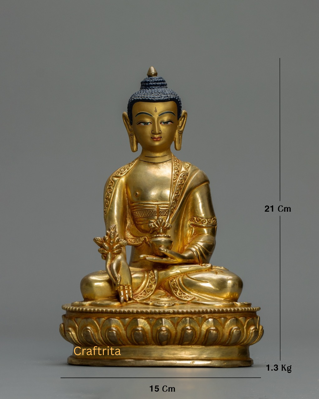 Medicine Buddha Statue 1.3 kg – Copper Body with 24K Gold Plated Fire Gilding | Handmade Tibetan Buddhist Deity of Healing for Spiritual Home Decor