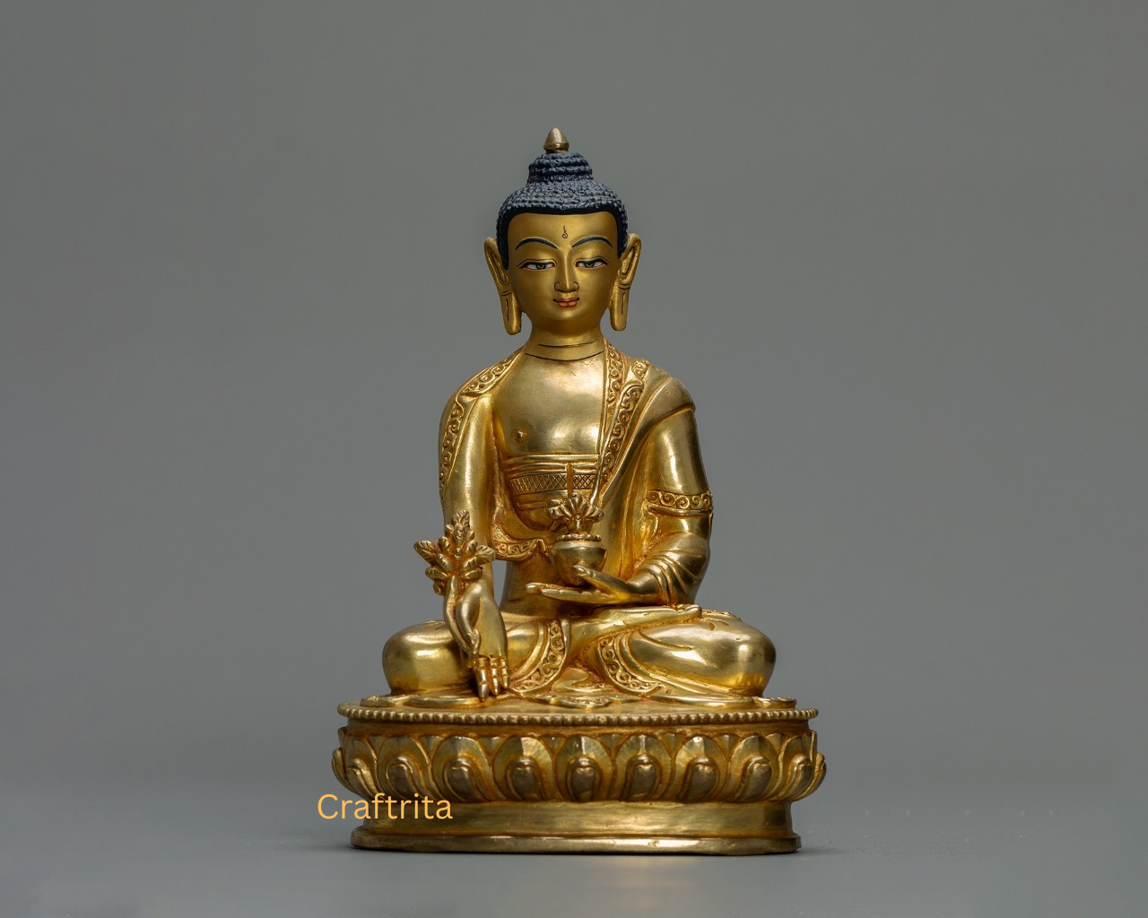 Medicine Buddha Statue 1.3 kg – Copper Body with 24K Gold Plated Fire Gilding | Handmade Tibetan Buddhist Deity of Healing for Spiritual Home Decor