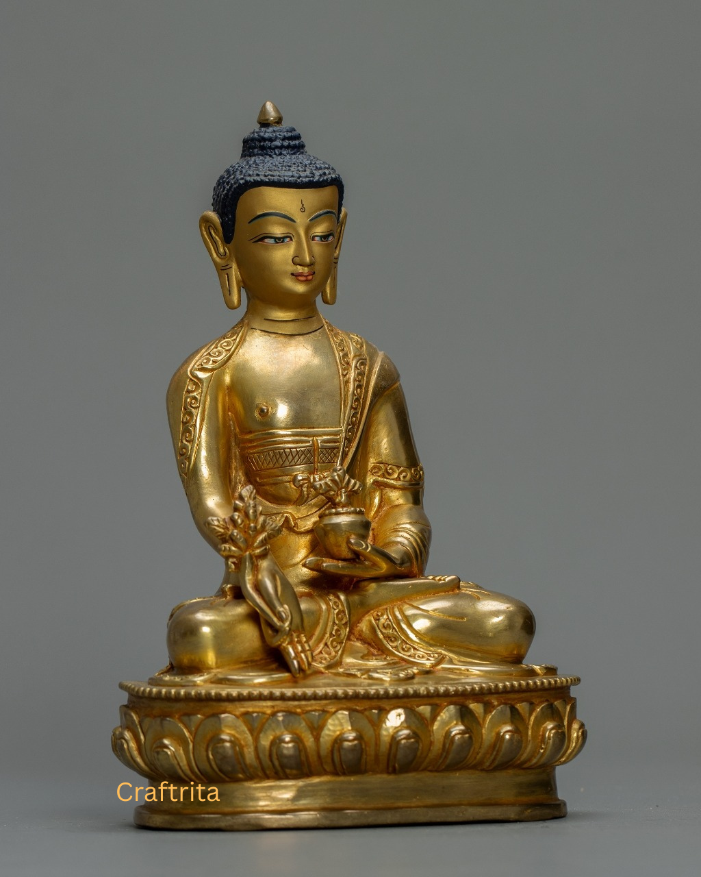 Medicine Buddha Statue 1.3 kg – Copper Body with 24K Gold Plated Fire Gilding | Handmade Tibetan Buddhist Deity of Healing for Spiritual Home Decor